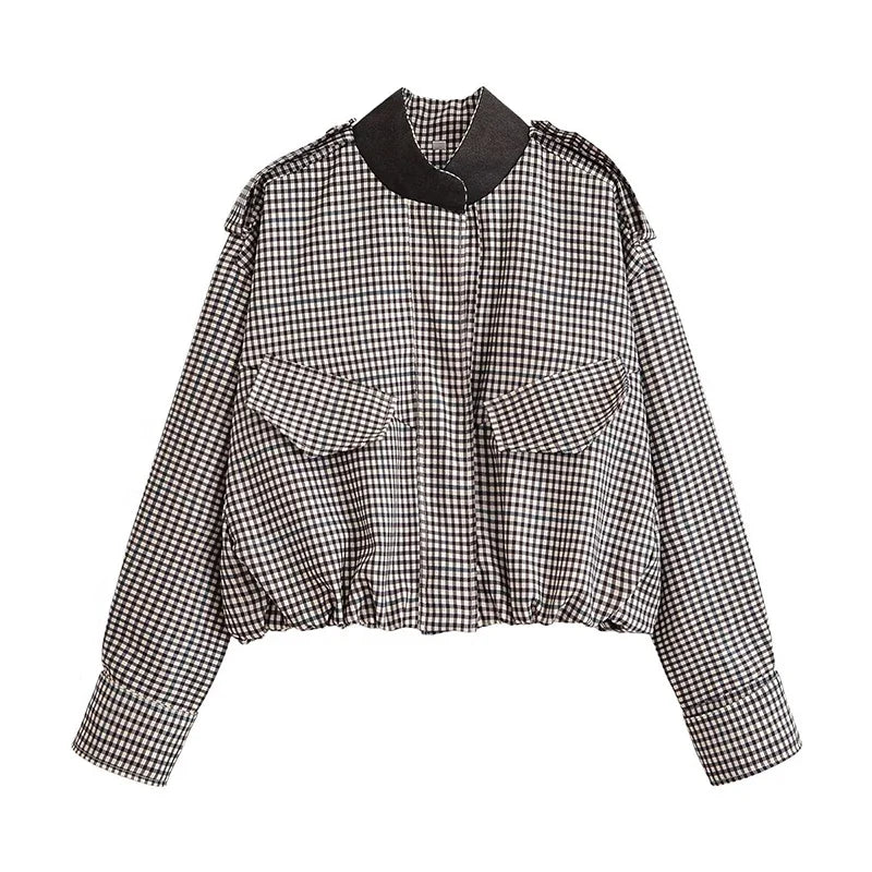 ATISSE – Women’s Plaid Cropped Jacket – Check Print Bomber Jacket