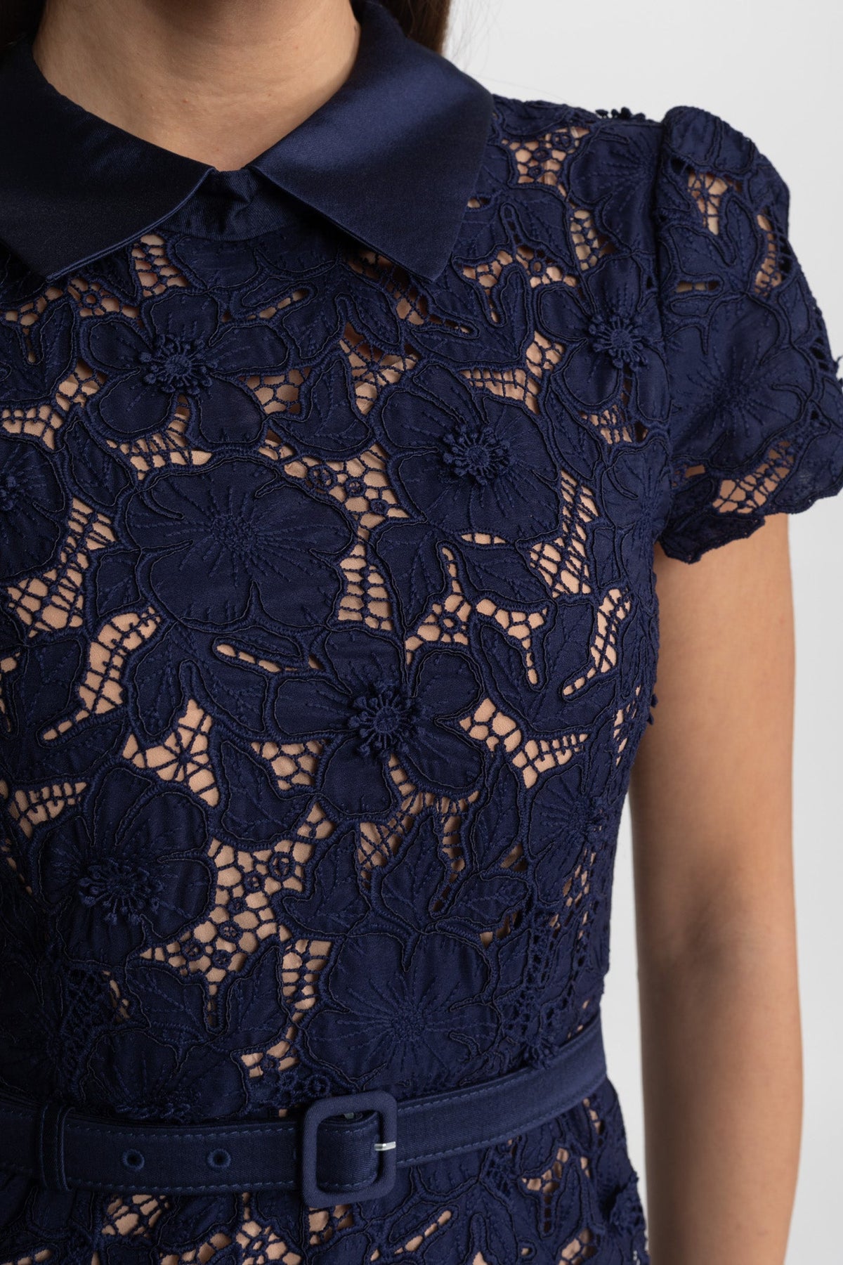 ATISSE – Women’s Navy Lace Midi Dress – Floral Lace Belted Dress – Elegant Evening & Occasion Dress