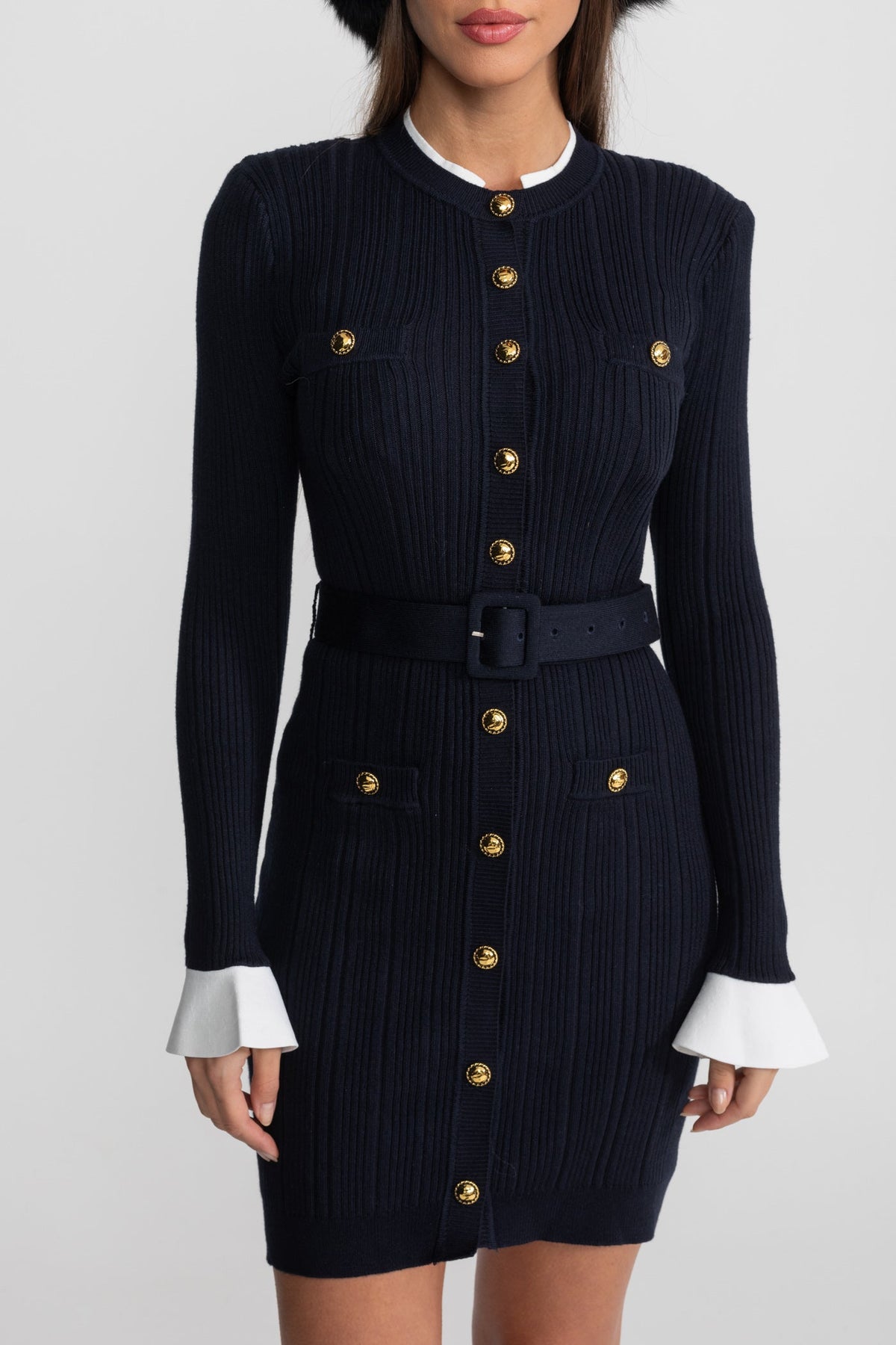 ATISSE – Women's Dark Blue Ribbed Knit Mini Dress – Gold Button Detail, Belted Waist & Long Sleeves