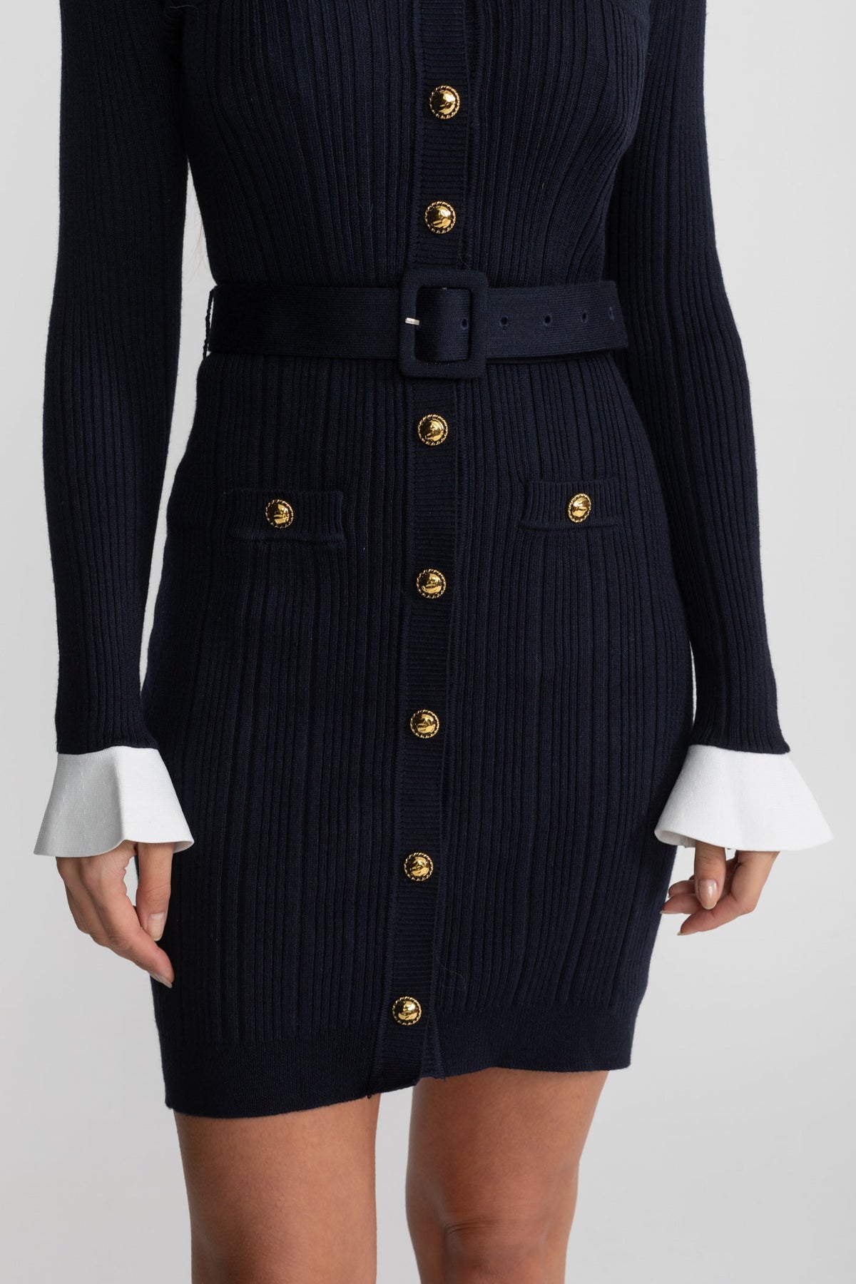 ATISSE – Women's Dark Blue Ribbed Knit Mini Dress – Gold Button Detail, Belted Waist & Long Sleeves