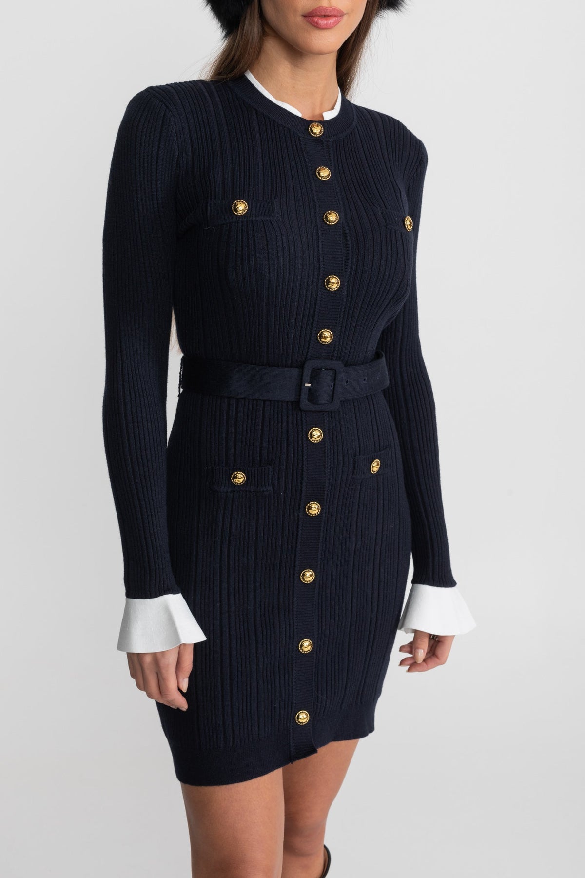 ATISSE – Women's Dark Blue Ribbed Knit Mini Dress – Gold Button Detail, Belted Waist & Long Sleeves