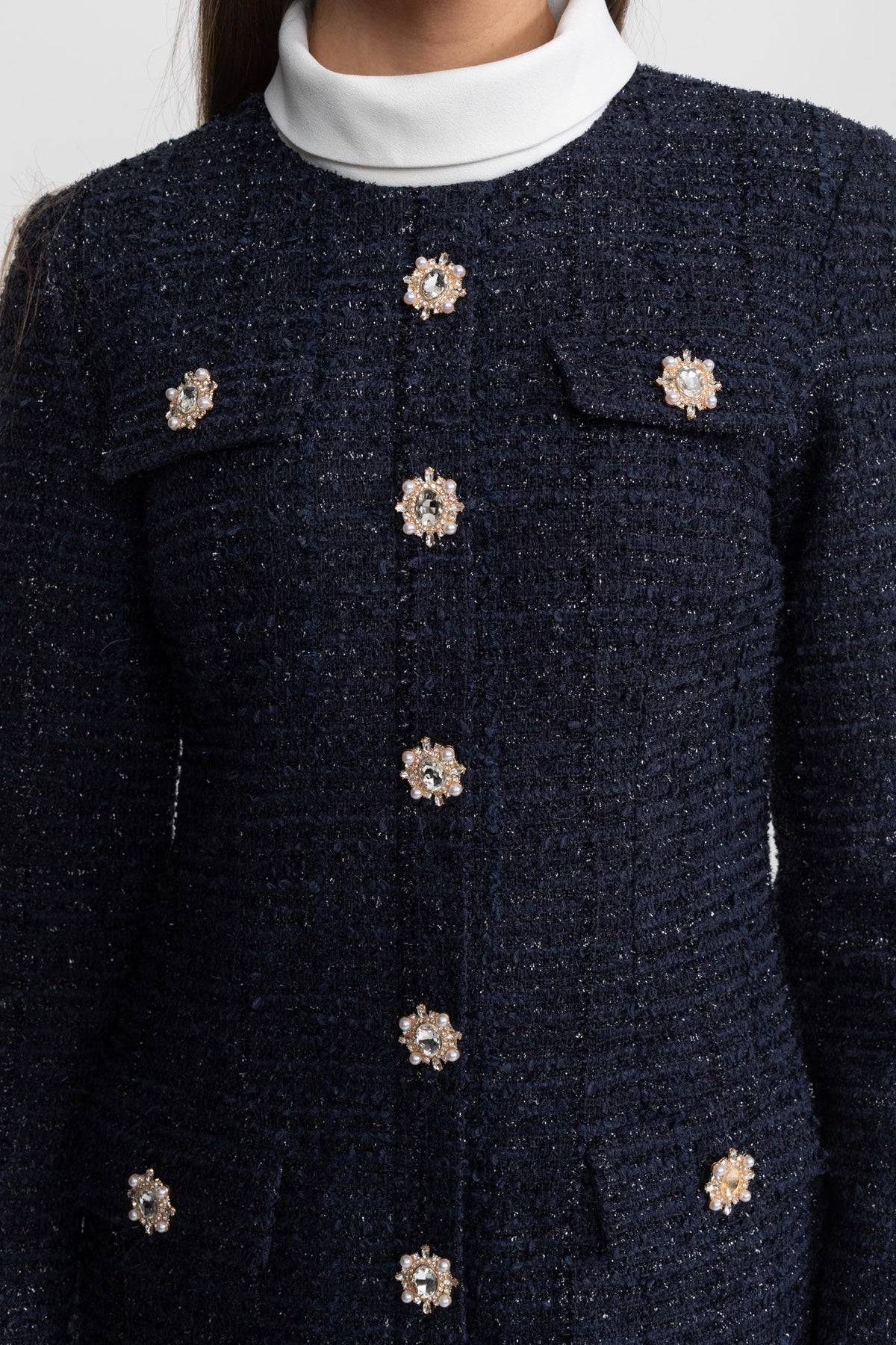 ATISSE – Women's Navy Tweed Mini Dress – Crystal Button Detail, Structured Fit & Long Sleeves