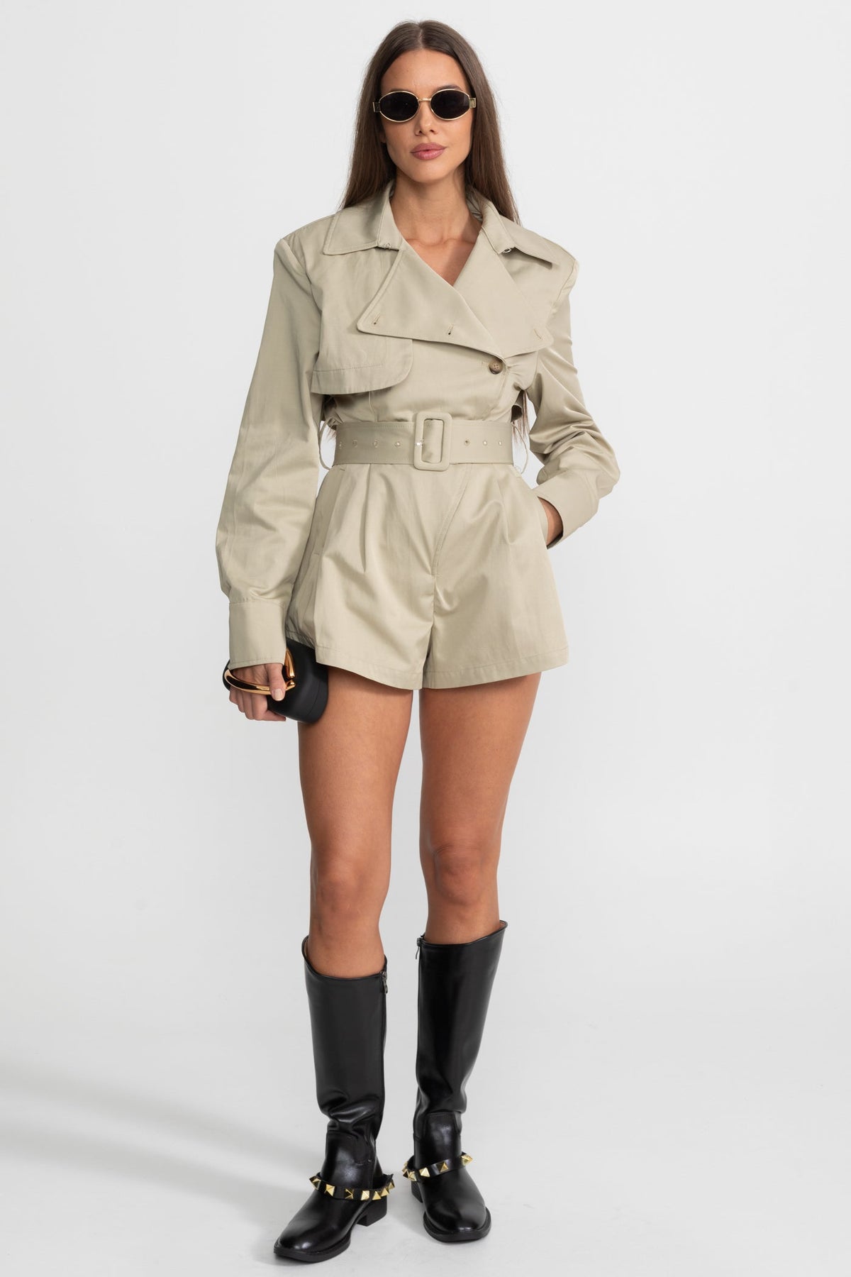 ATISSE – Women’s Belted Trench Jumpsuit – Tailored Beige High-Waist Playsuit – Long Sleeve Utility Romper