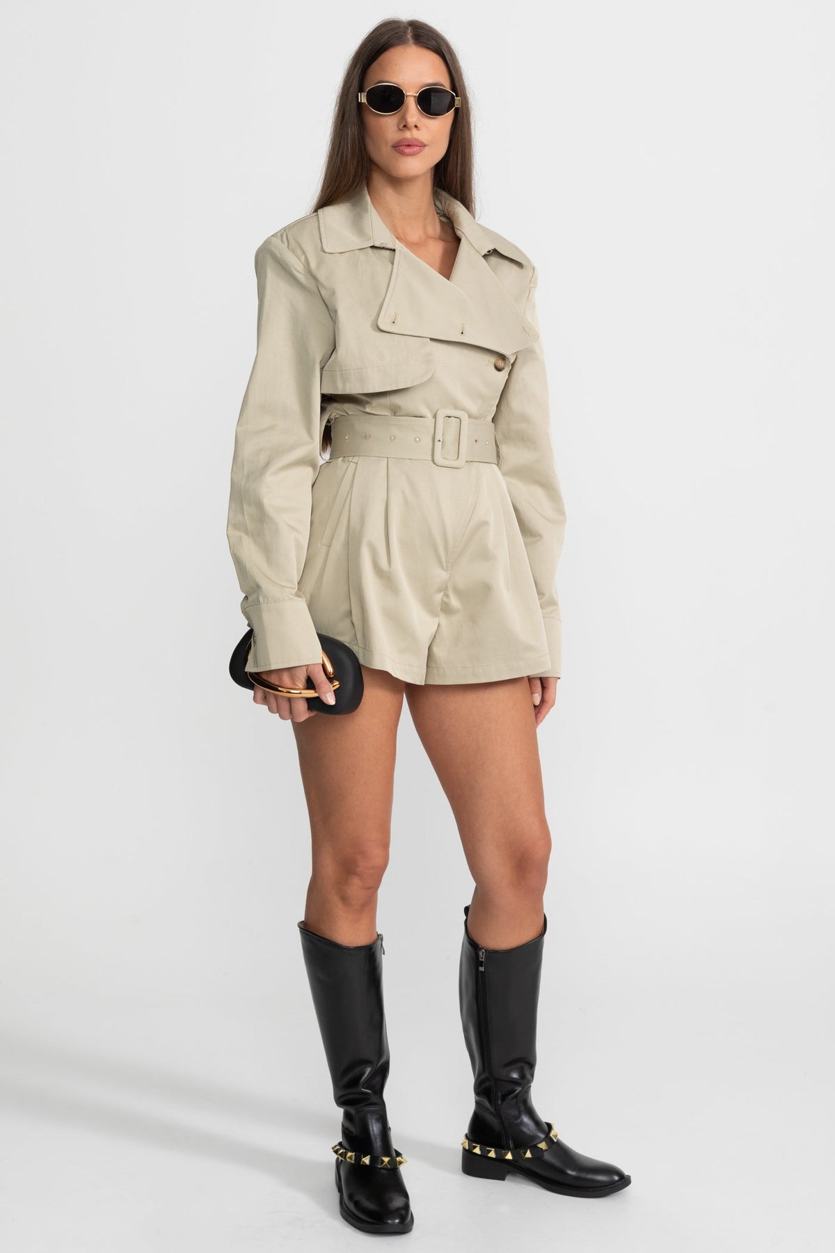 ATISSE – Women’s Belted Trench Jumpsuit – Tailored Beige High-Waist Playsuit – Long Sleeve Utility Romper