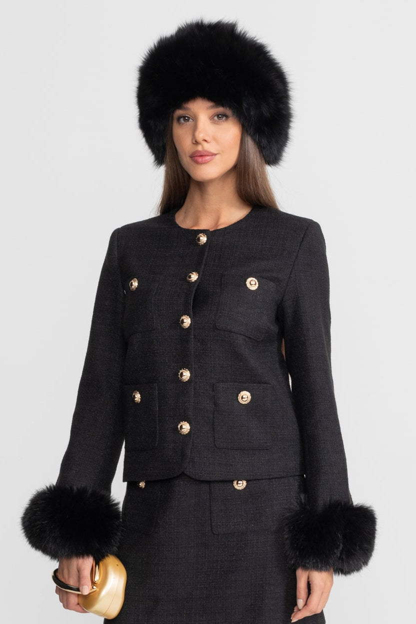 ATISSE – Women's Black Tweed Blazer – Faux Fur Cuffs, Gold Buttons & Structured Tailored Fit