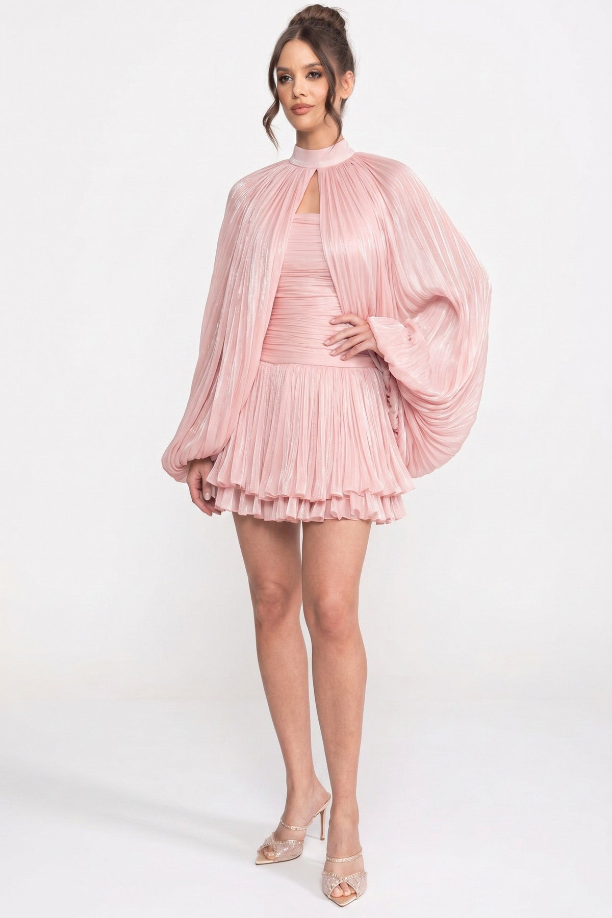 ATISSE – Women’s Pink Pleated Mini Dress – High Neck Balloon Sleeve Party Dress