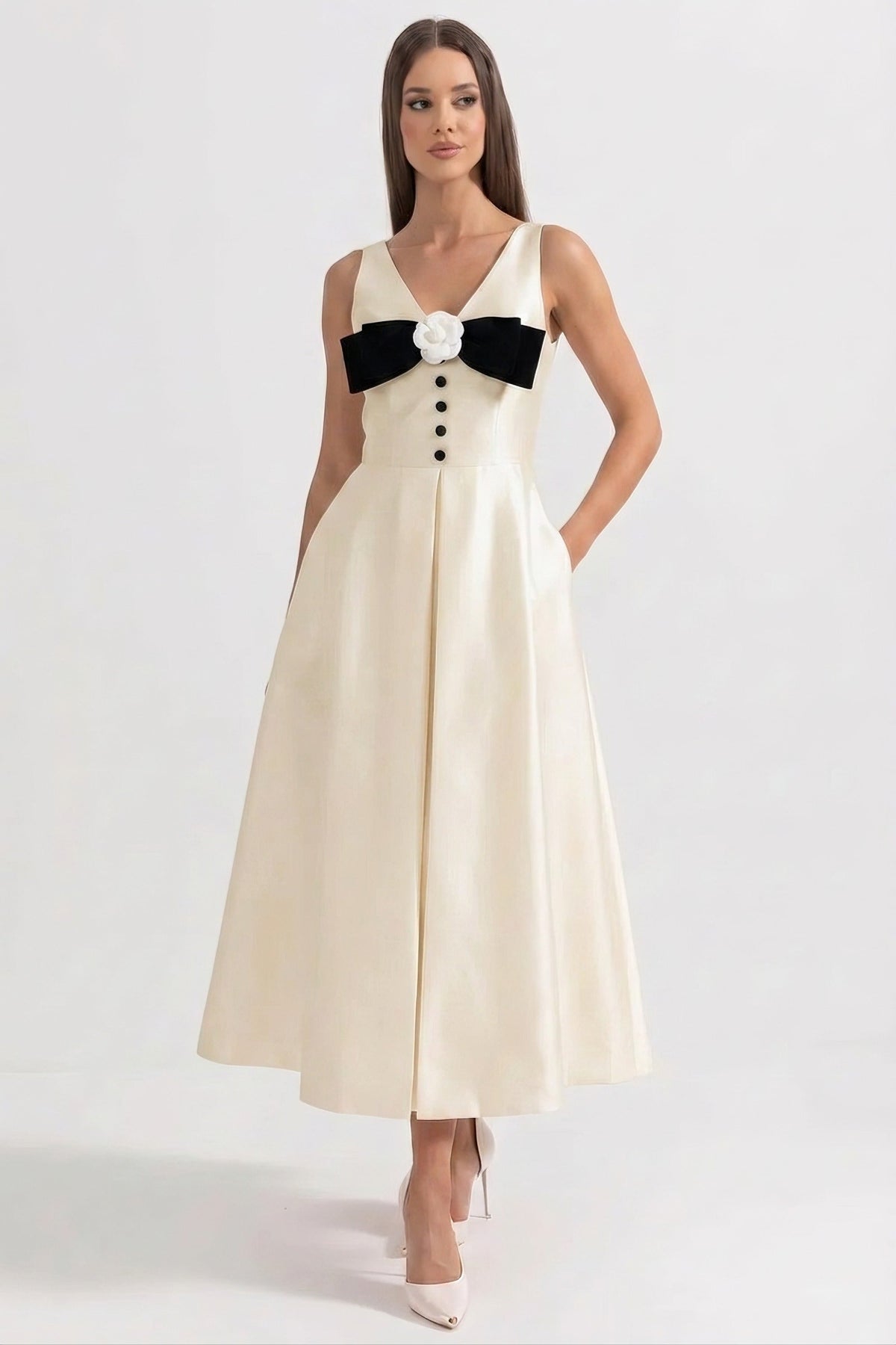 ATISSE – Women’s Ivory Maxi Dress – Halter Neck Black Bow Evening Dress