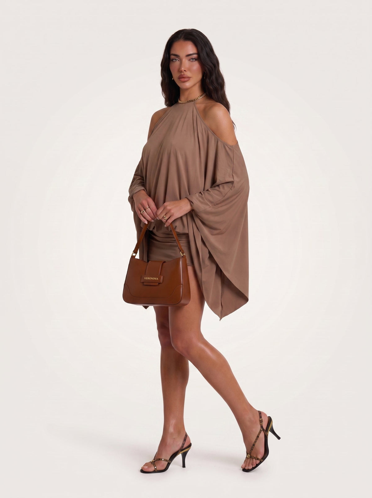 ATISSE – Women’s Mocha Butterfly Mini Dress – Open Back Kimono Sleeve Evening Dress