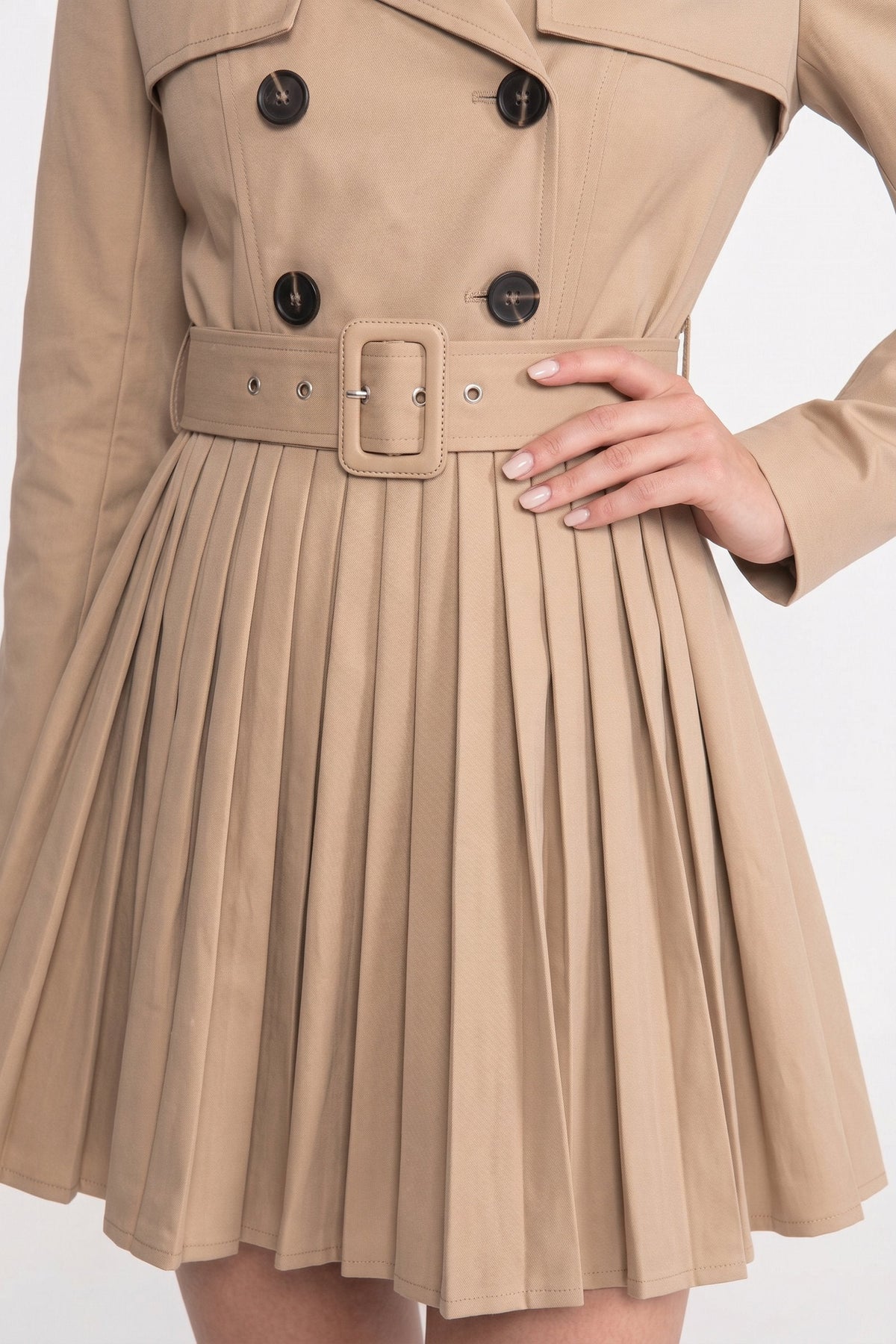 ATISSE – Women’s Pleated Trench Coat – Double-Breasted Belted Khaki Jacket