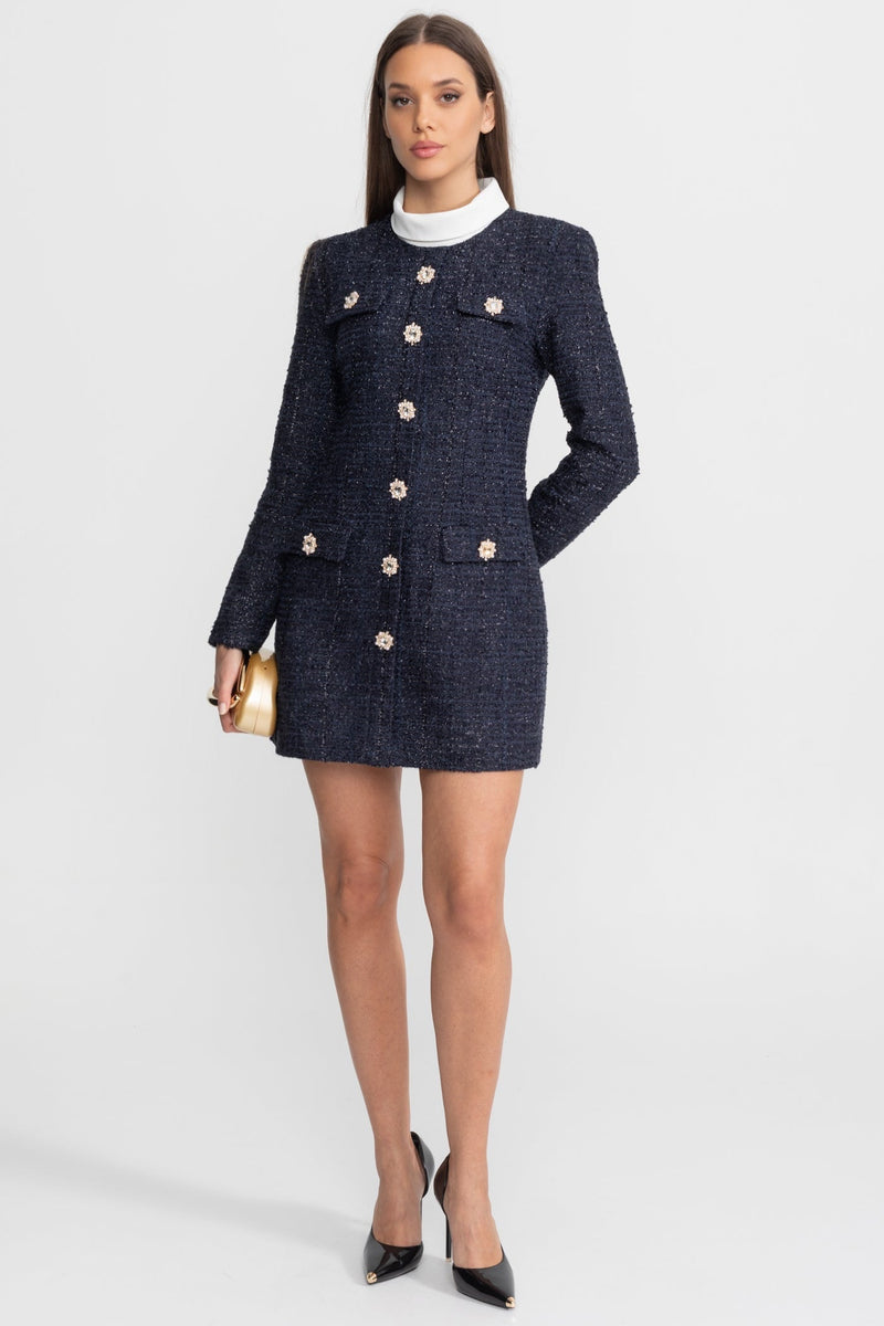 ATISSE – Women's Navy Tweed Mini Dress – Crystal Button Detail, Structured Fit & Long Sleeves