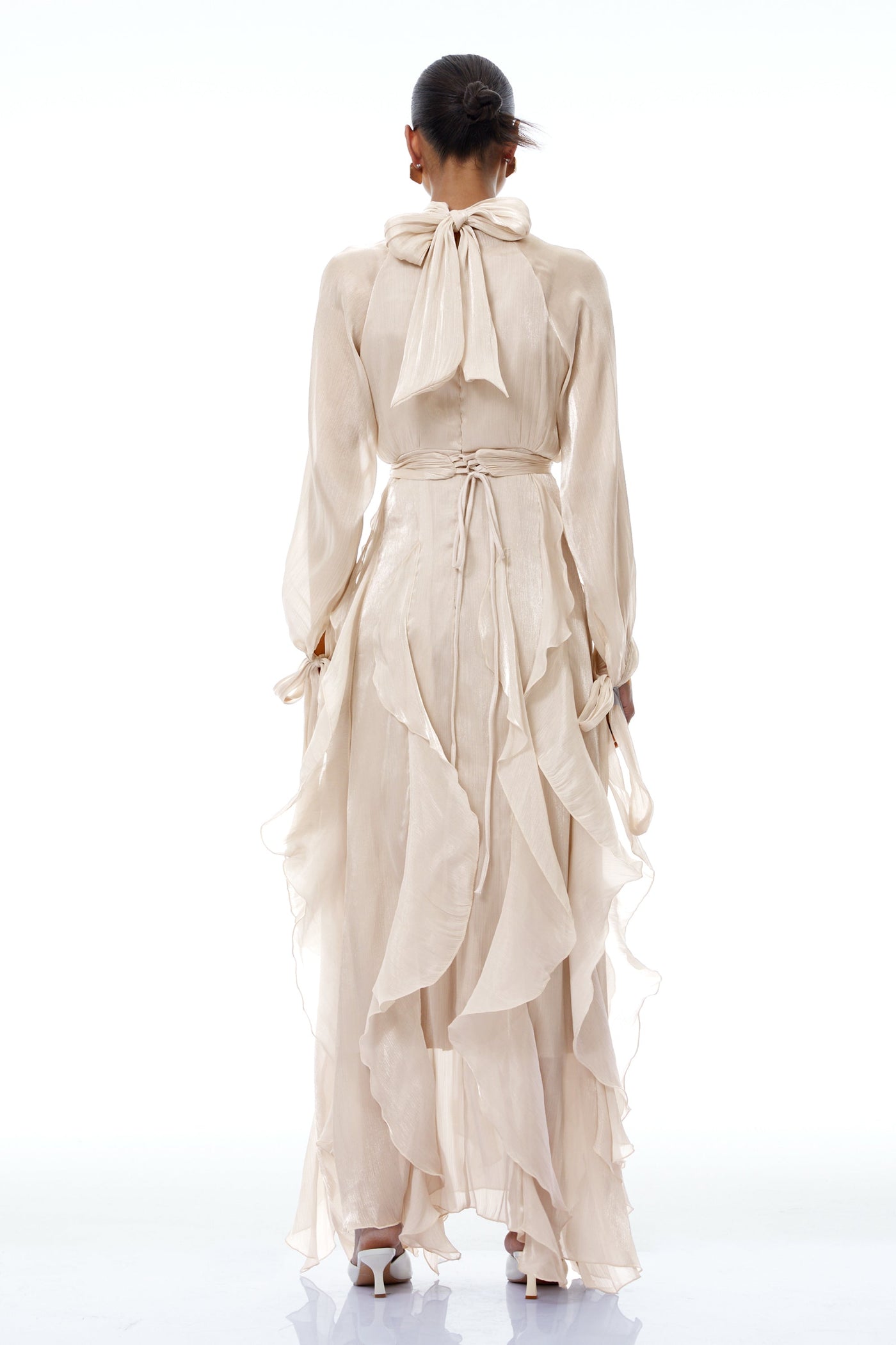 ATISSE ZÉLIE – Women's Pleated Ruffle Maxi Dress – Neutral High Neck Long Sleeve Evening Dress