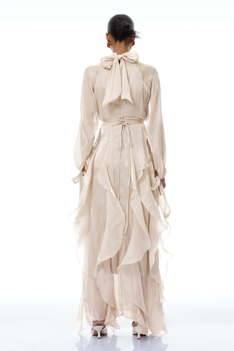 ATISSE ZÉLIE – Women's Pleated Ruffle Maxi Dress – Neutral High Neck Long Sleeve Evening Dress