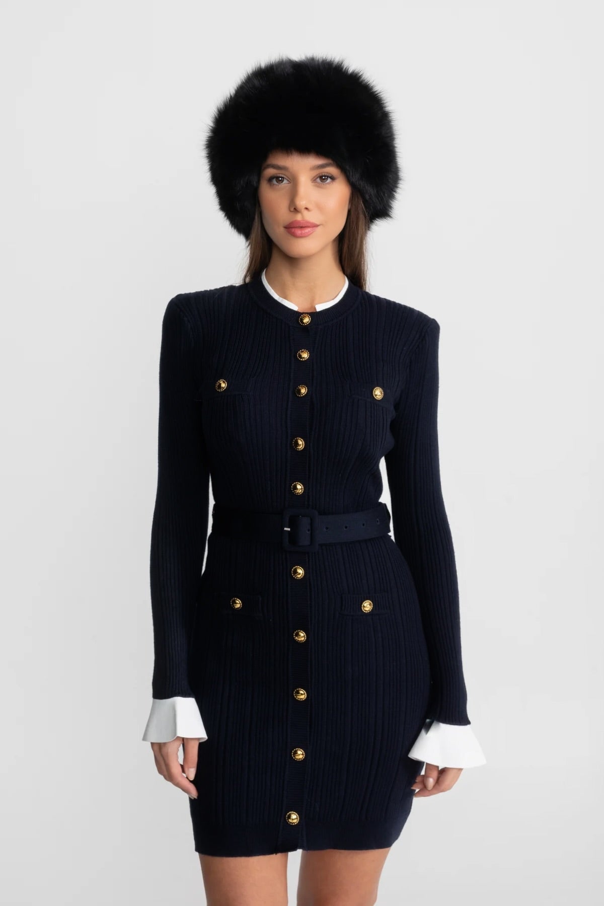 ATISSE – Women's Dark Blue Ribbed Knit Mini Dress – Gold Button Detail, Belted Waist & Long Sleeves