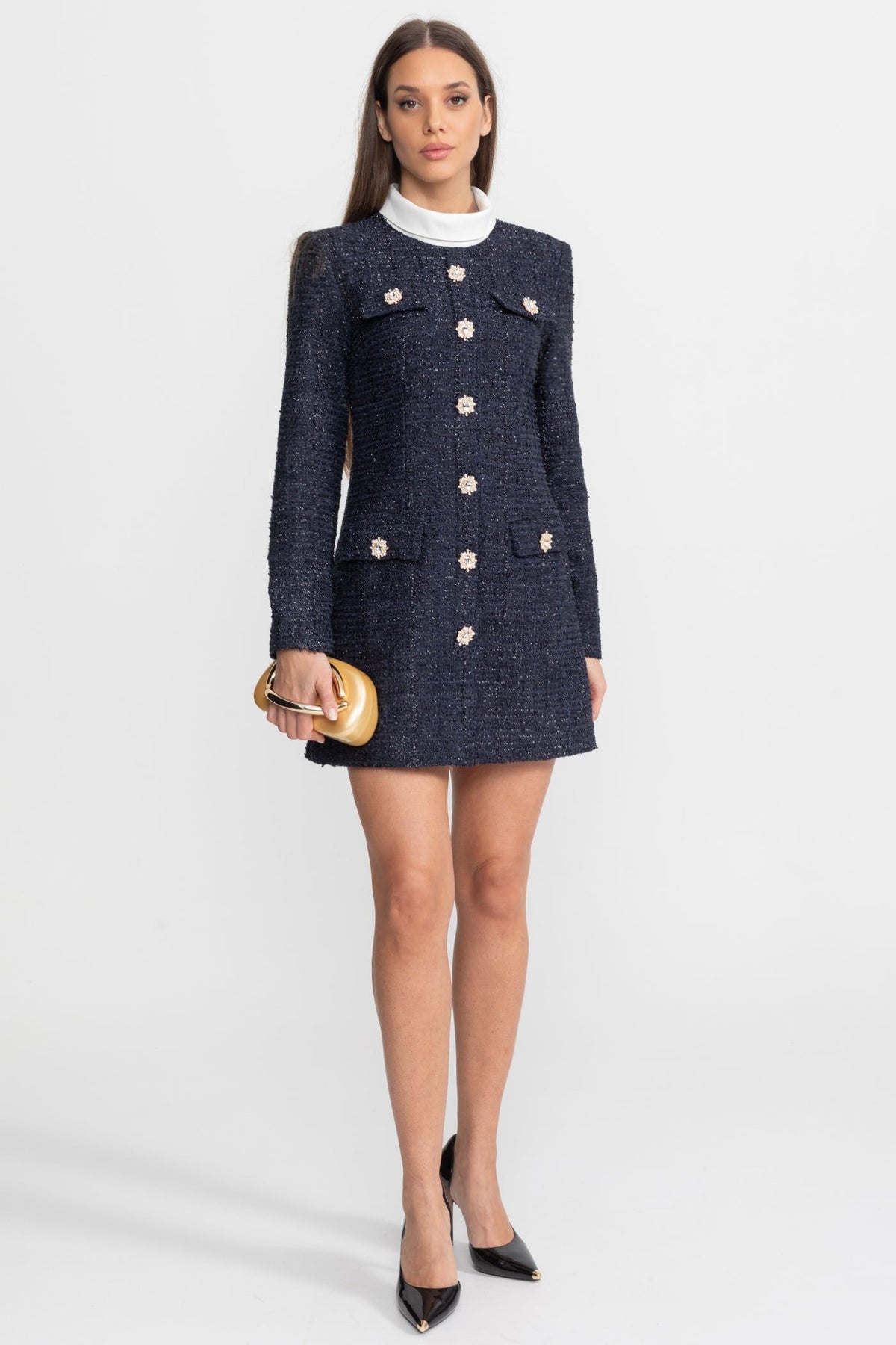 ATISSE – Women's Navy Tweed Mini Dress – Crystal Button Detail, Structured Fit & Long Sleeves