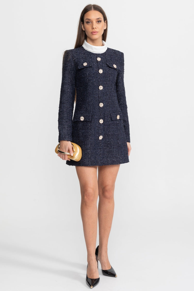 ATISSE – Women's Navy Tweed Mini Dress – Crystal Button Detail, Structured Fit & Long Sleeves