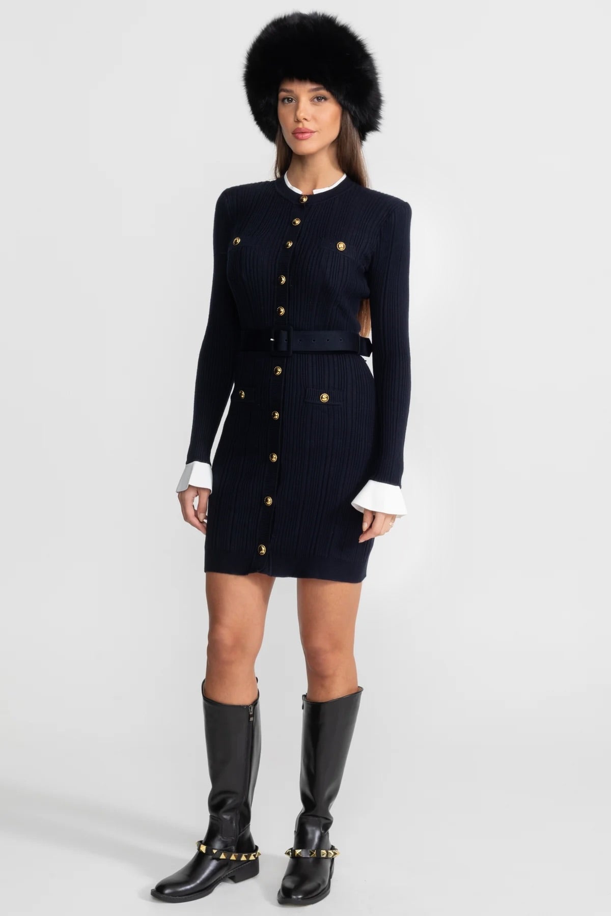 ATISSE – Women's Dark Blue Ribbed Knit Mini Dress – Gold Button Detail, Belted Waist & Long Sleeves