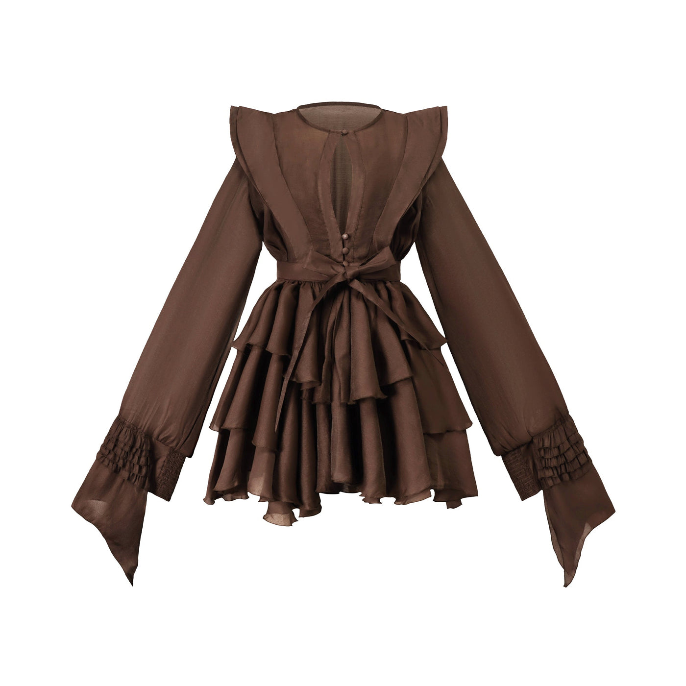 ATISSE ANNABELLE – Women's Brown Cut Out Ruffle Mini Dress – Long Sleeve Asymmetric Party Dress