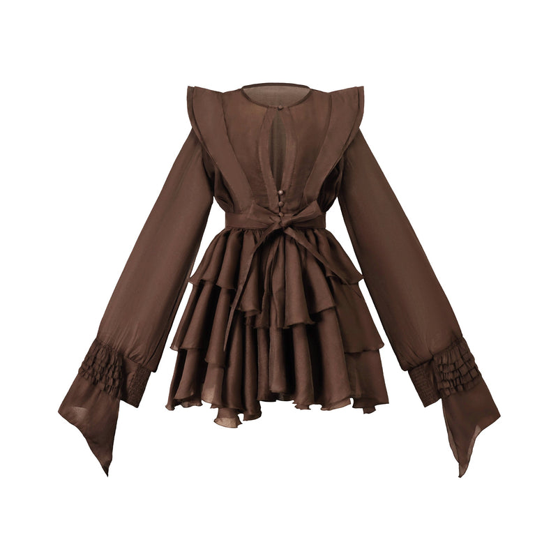 ATISSE ANNABELLE – Women's Brown Cut Out Ruffle Mini Dress – Long Sleeve Asymmetric Party Dress