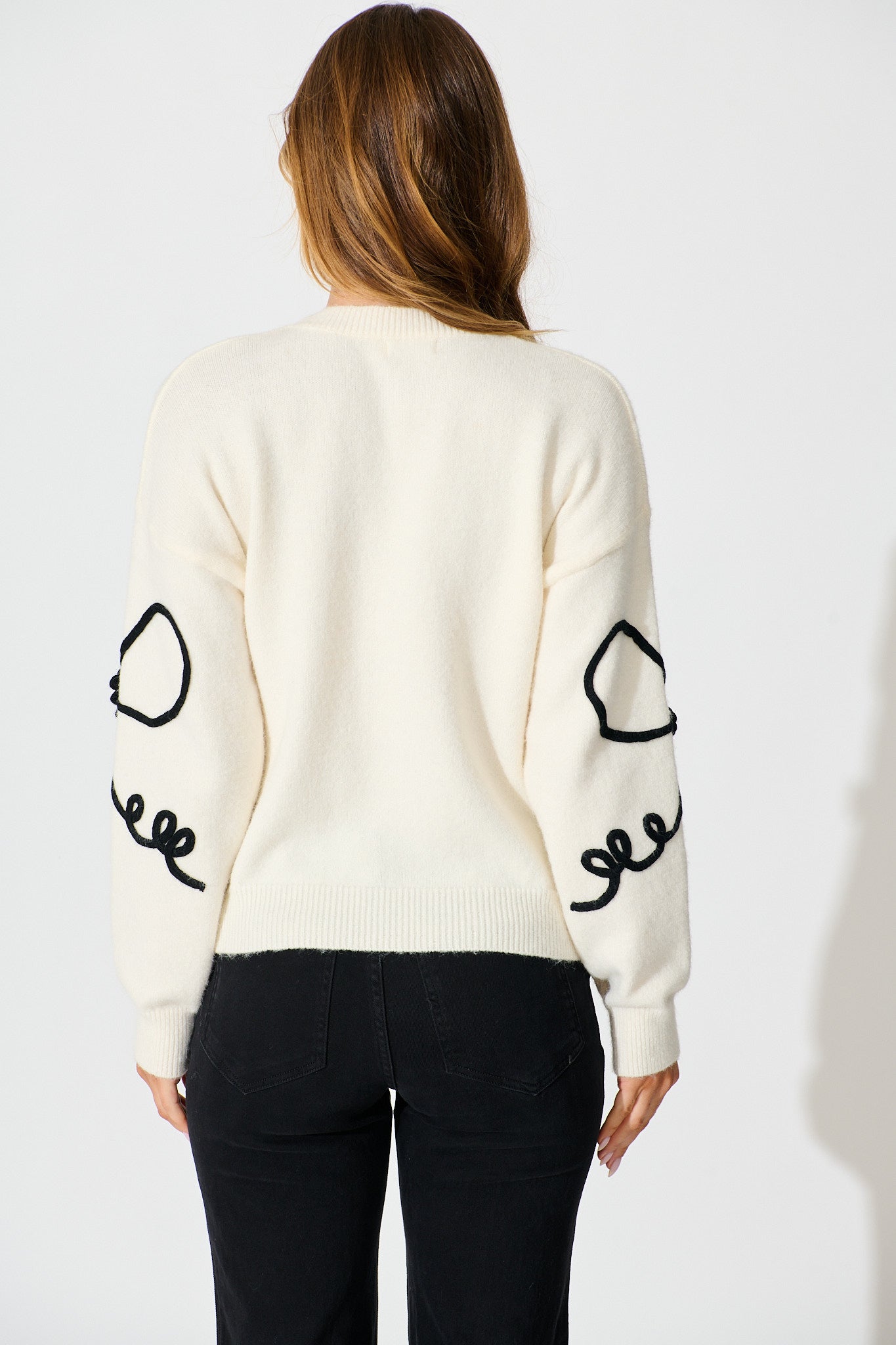 ATISSE ROSA – Women's Bow Knit Sweater – Cream Cotton Blend Jumper with Black Ribbon Detail
