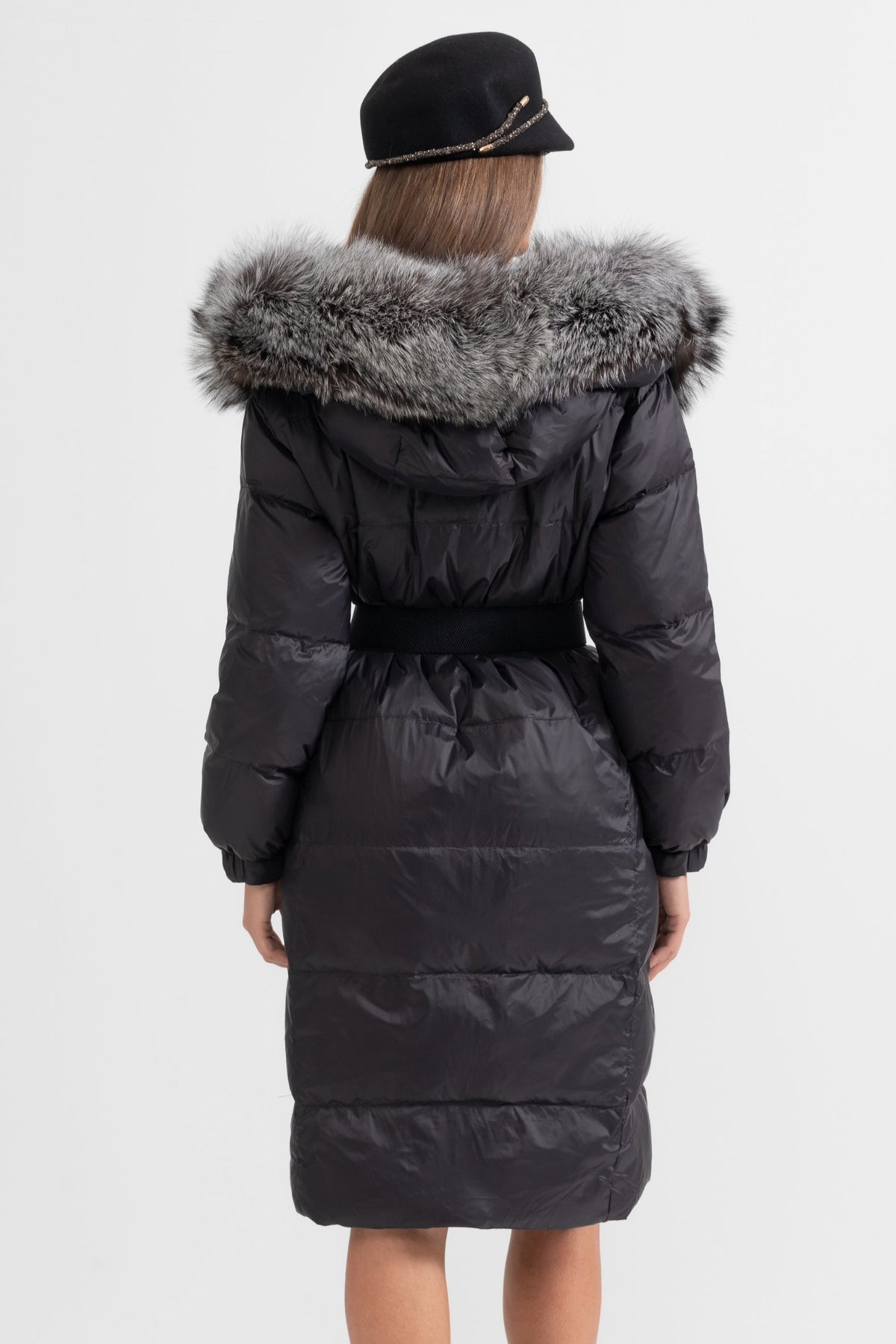 ATISSE – Women’s Long Puffer Jacket – Gray Fox Fur Hood – Black Down Winter Coat