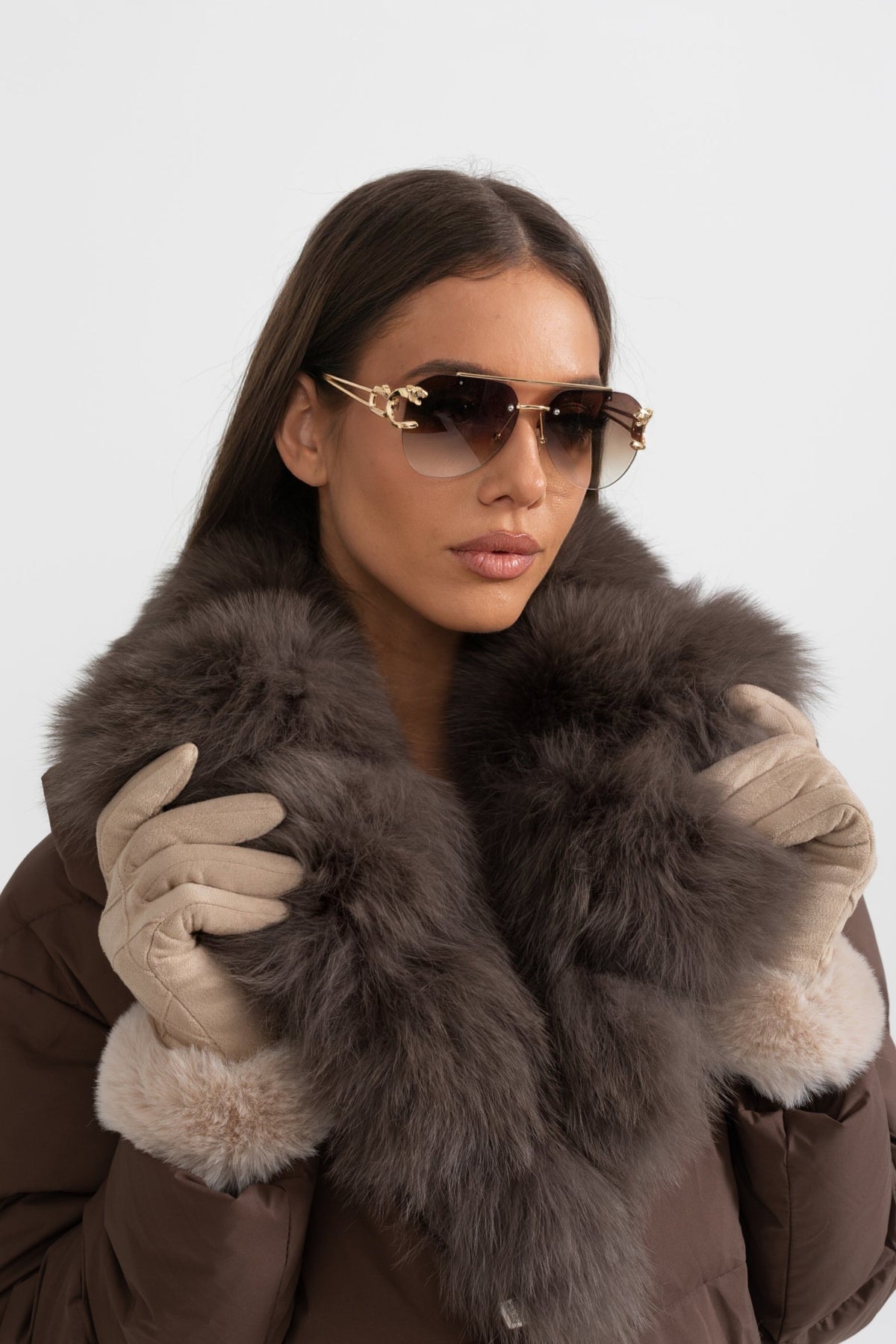 ATISSE – Women’s Brown Puffer Jacket – Brown Fox Fur Hood – Luxury Down Winter Coat