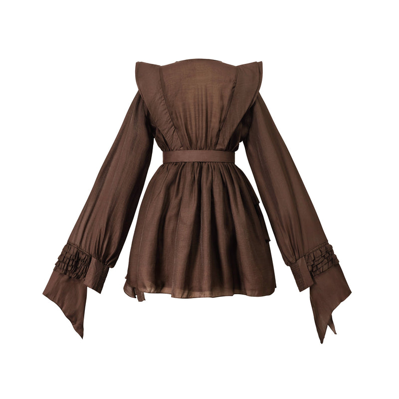 ATISSE ANNABELLE – Women's Brown Cut Out Ruffle Mini Dress – Long Sleeve Asymmetric Party Dress