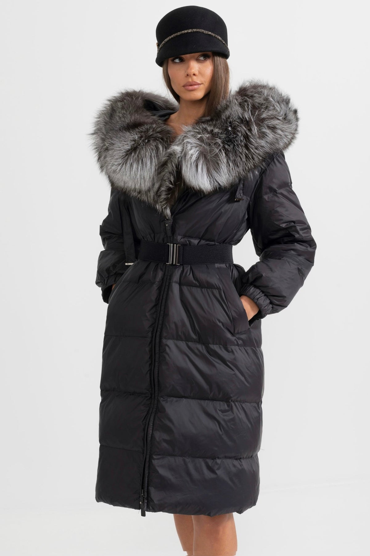 ATISSE – Women’s Long Puffer Jacket – Gray Fox Fur Hood – Black Down Winter Coat