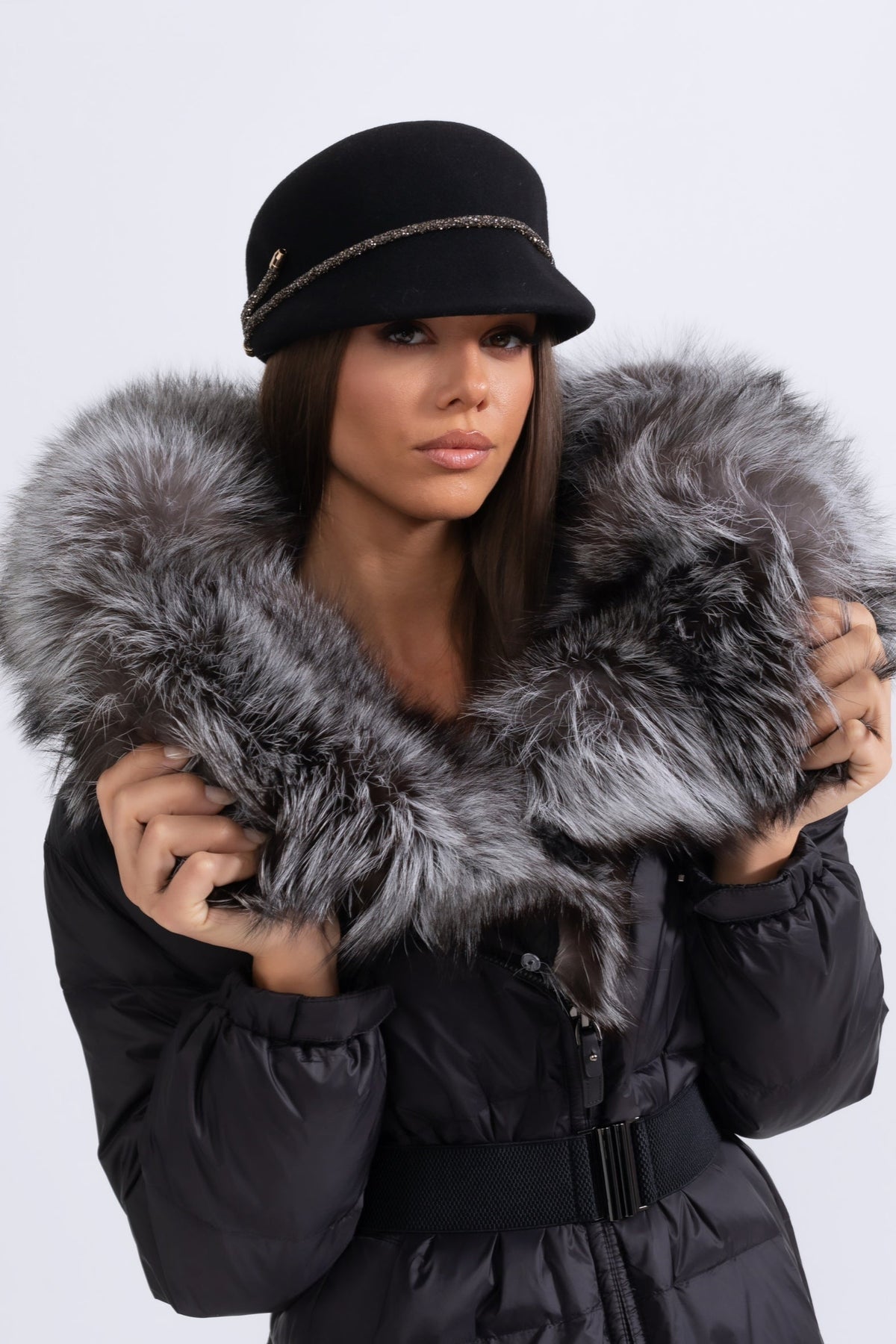 ATISSE – Women’s Long Puffer Jacket – Gray Fox Fur Hood – Black Down Winter Coat