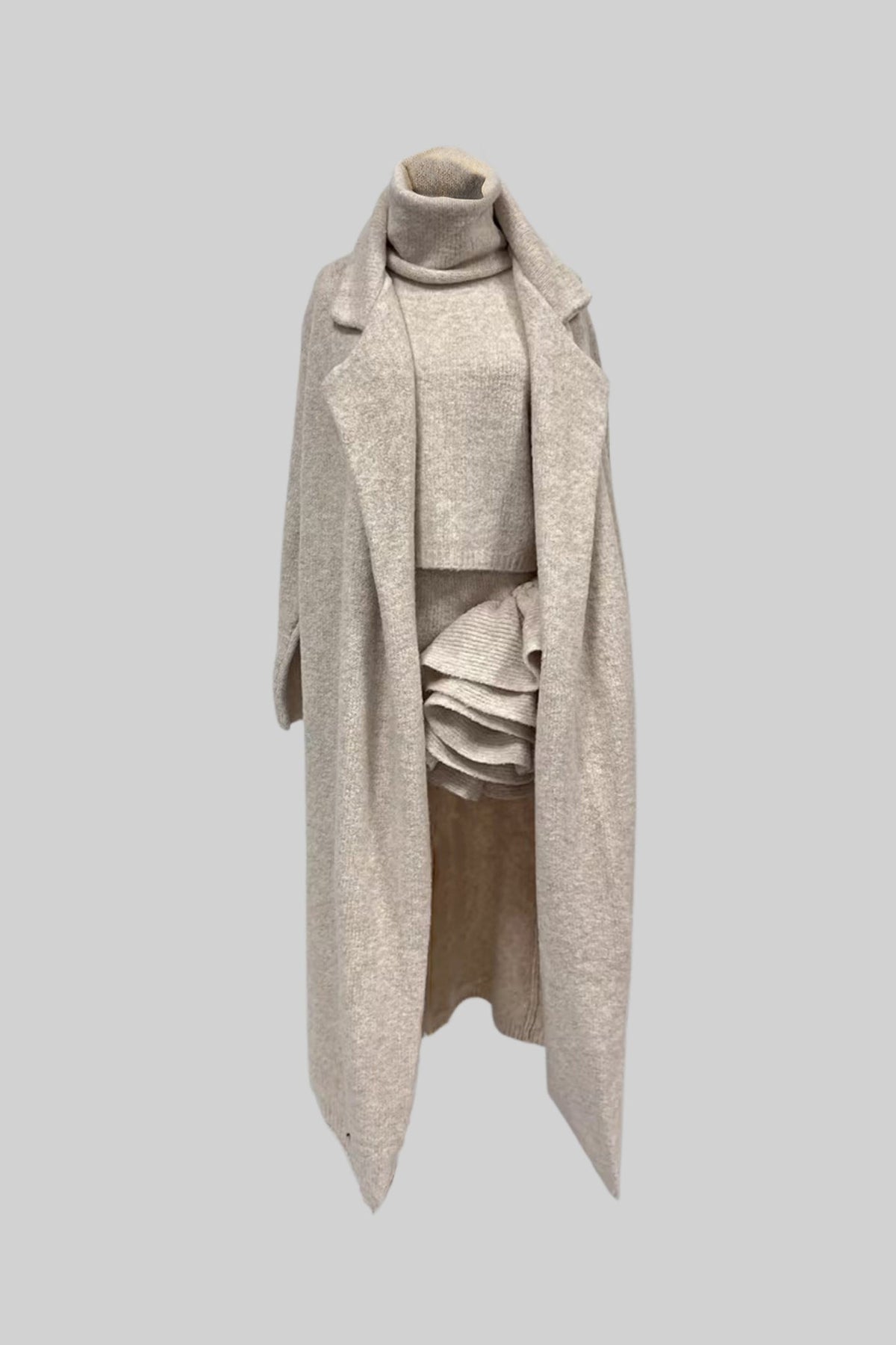 ATISSE – Women's Beige Knit Three-Piece Set – Ruffle Mini Dress & Long Cardigan