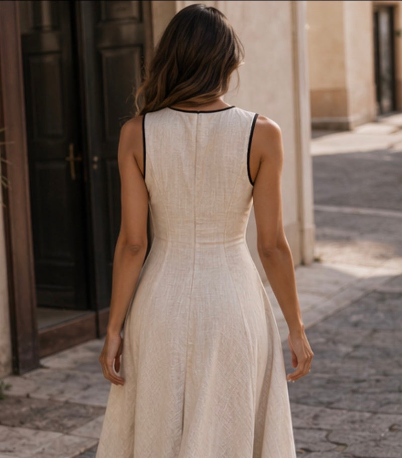 ATISSE SIREN GAZE – Vestido maxi sin mangas para mujer – Vestido de verano beige con ribete en contraste