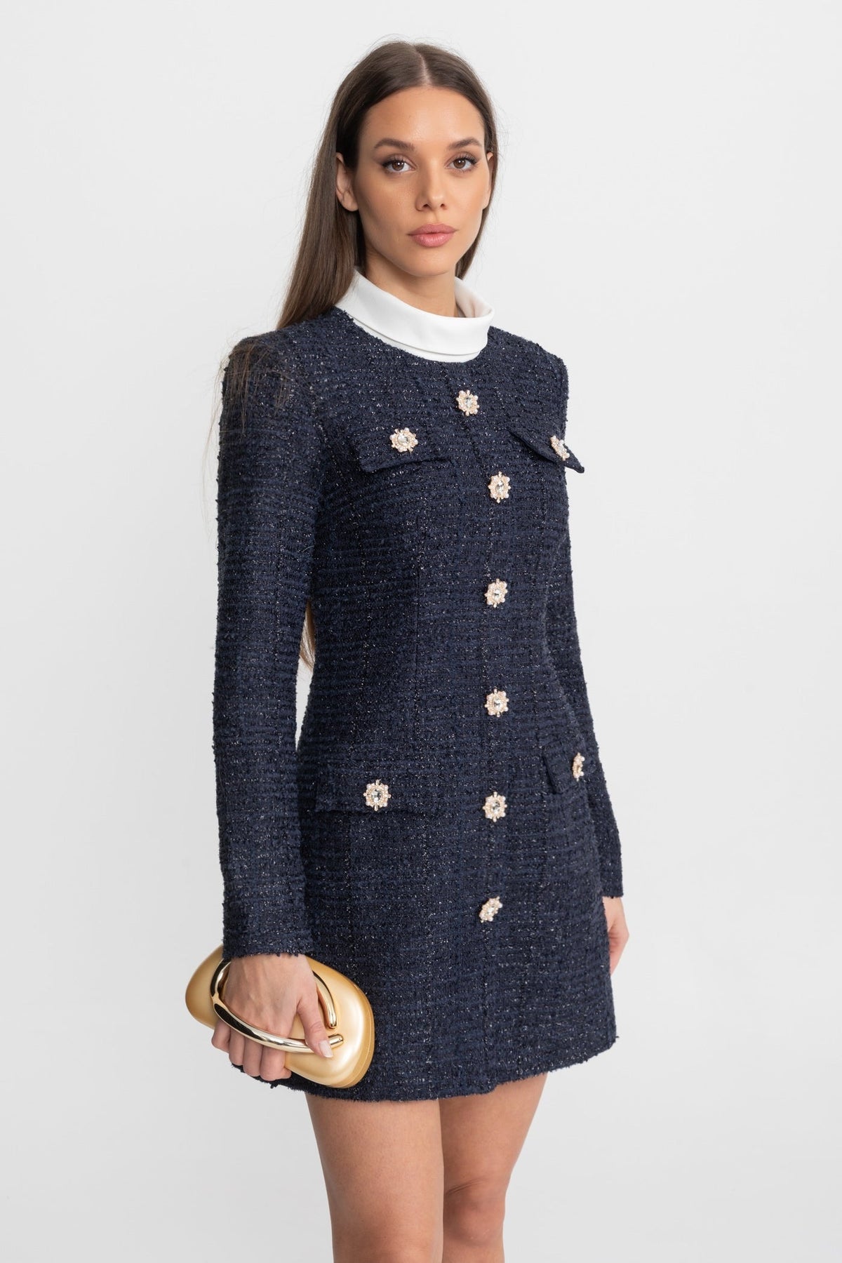 ATISSE – Women's Navy Tweed Mini Dress – Crystal Button Detail, Structured Fit & Long Sleeves