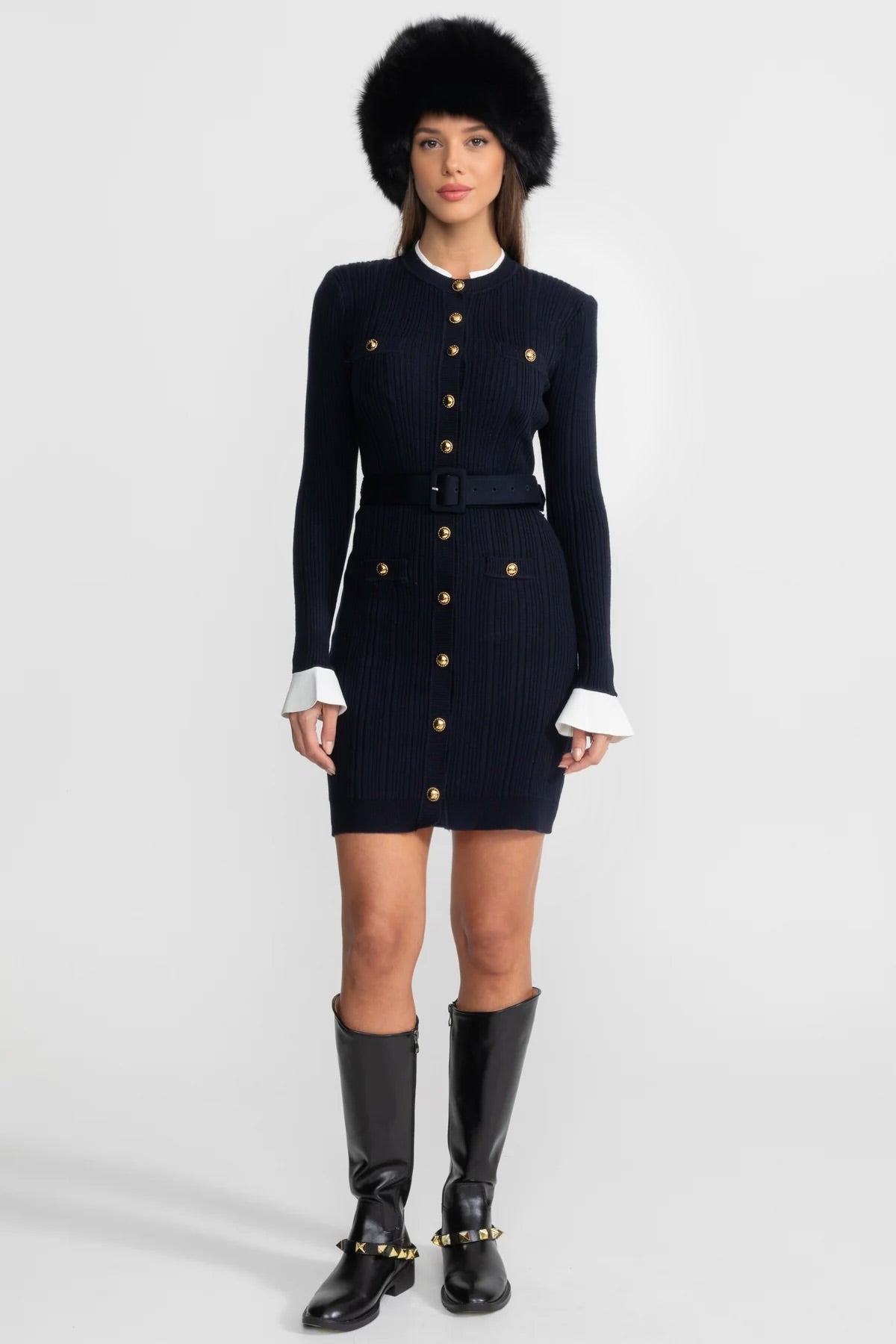 ATISSE – Women's Dark Blue Ribbed Knit Mini Dress – Gold Button Detail, Belted Waist & Long Sleeves