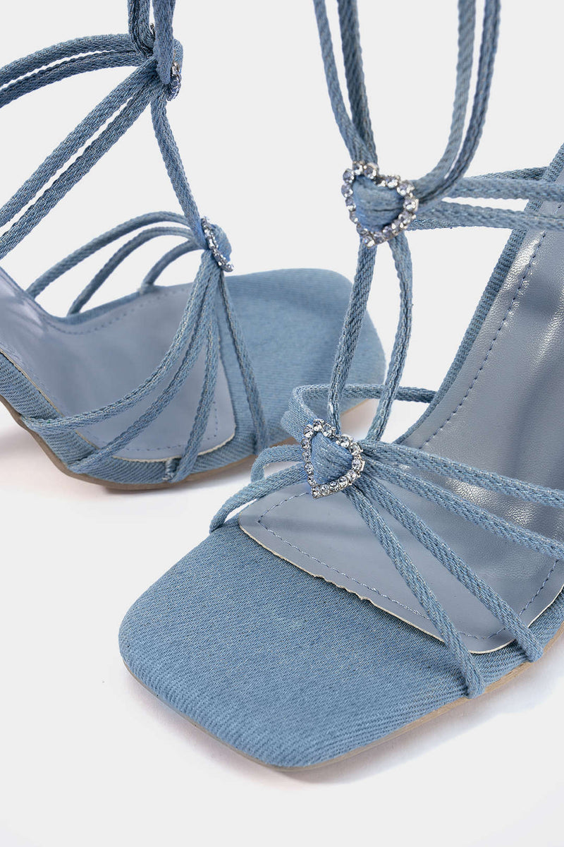 ATISSE CELESTIA – Sandalias de tacón con cordones para mujer – Tacones de noche azules con pedrería