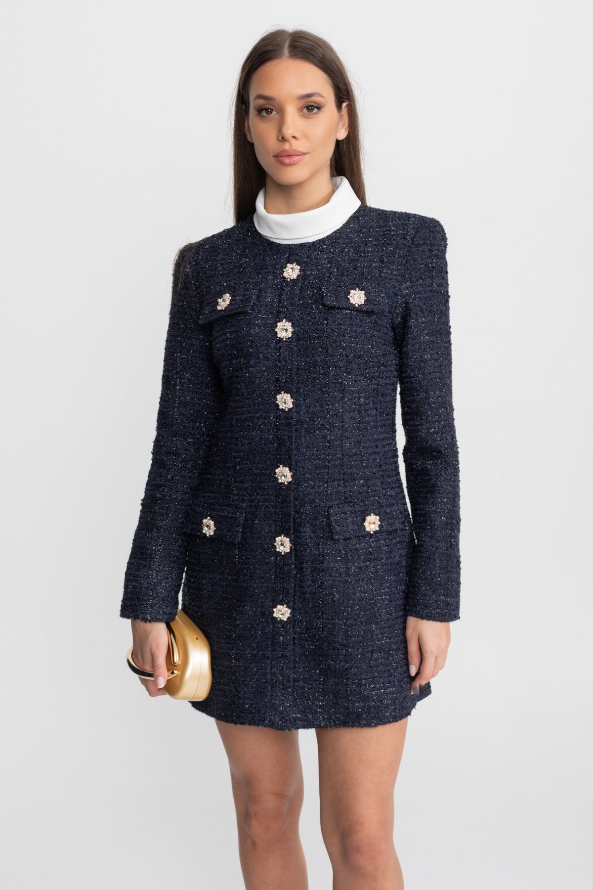 ATISSE – Women's Navy Tweed Mini Dress – Crystal Button Detail, Structured Fit & Long Sleeves