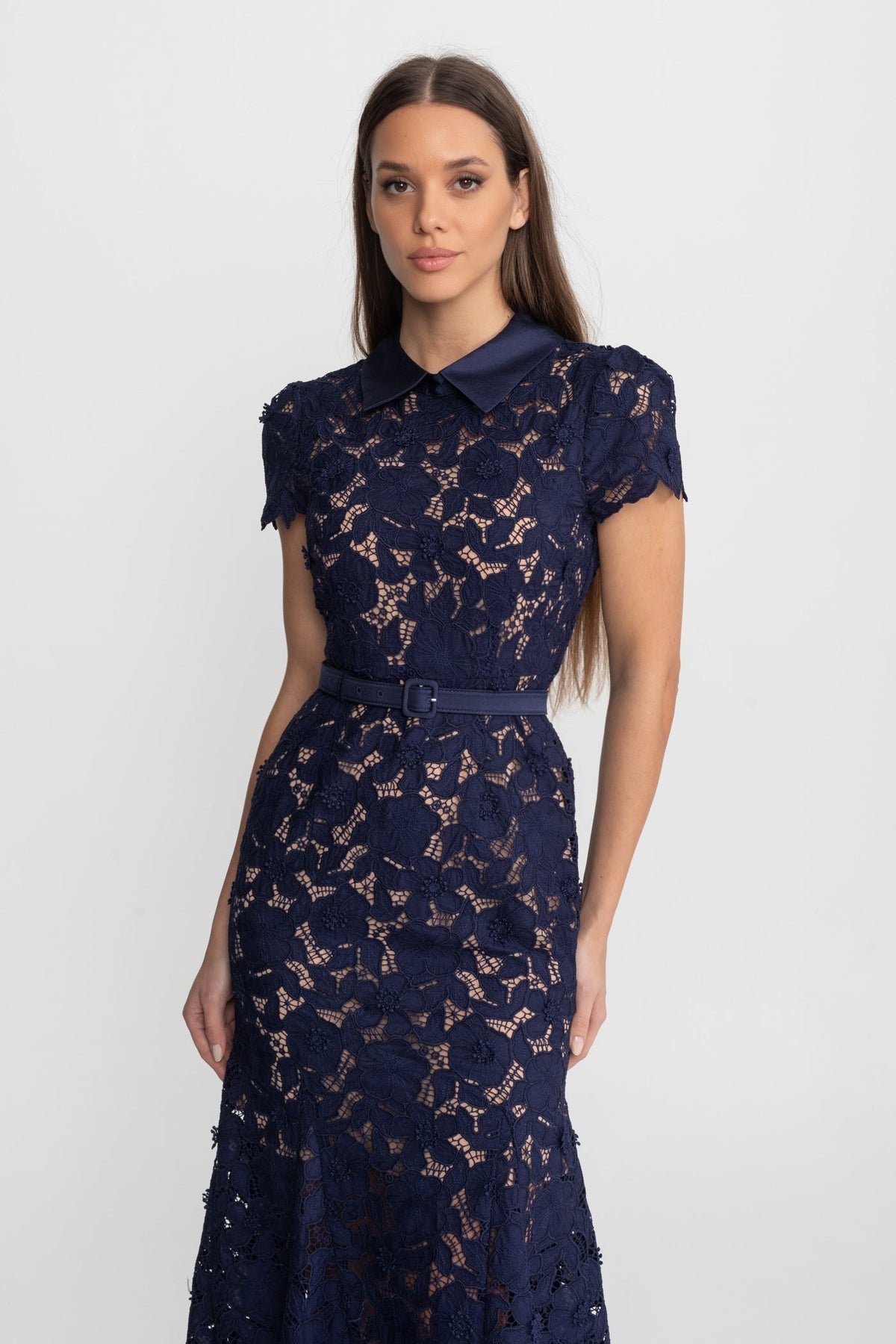 ATISSE – Women’s Navy Lace Midi Dress – Floral Lace Belted Dress – Elegant Evening & Occasion Dress