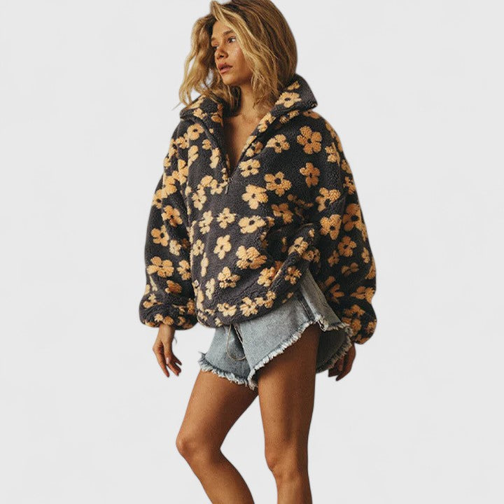 ATISSE DELYSANNE – Women's Floral Print Sherpa Fleece Pullover – Oversized Quarter Zip Teddy Sweatshirt