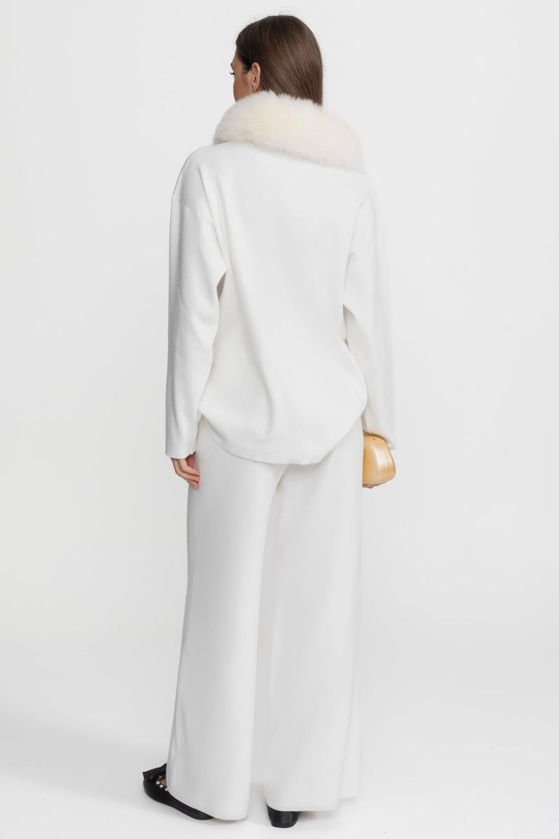 ATISSE – Women's White Knit Two-Piece Lounge Set – Fur Collar Sweater & Wide Leg Pants