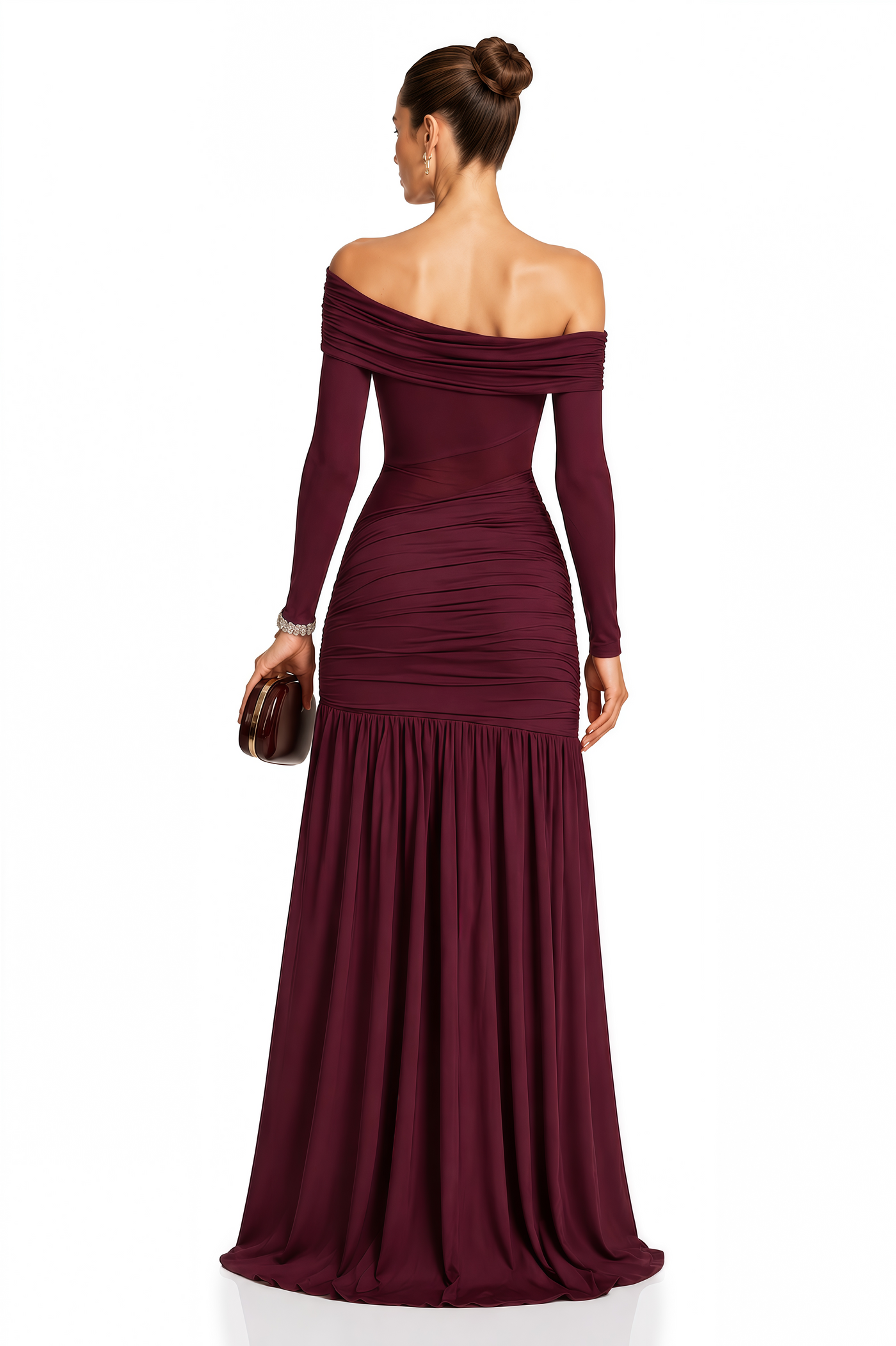 ATISSE ANASTASIA – Women's Burgundy One Shoulder Ruched Maxi Dress – Long Sleeve High Slit Evening Party Dress