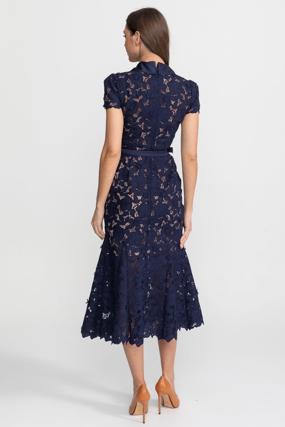 ATISSE – Women’s Navy Lace Midi Dress – Floral Lace Belted Dress – Elegant Evening & Occasion Dress