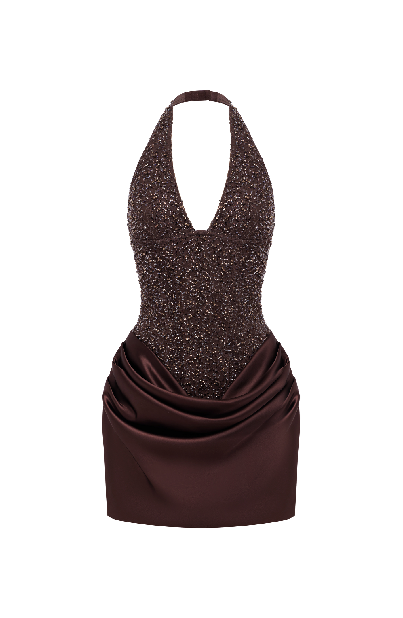 ATISSE – Women's Plum Brown Sequin Mini Dress – Halter Neck Corset Satin Party Dress – Embellished Evening Cocktail Dress