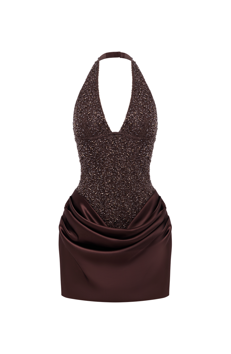 ATISSE – Women's Plum Brown Sequin Mini Dress – Halter Neck Corset Satin Party Dress – Embellished Evening Cocktail Dress