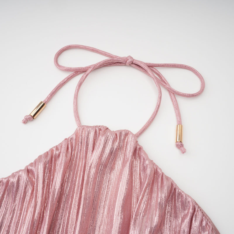 ATISSE ALCHIMIE – Vestido maxi plisado satinado con escote halter y espalda al aire para mujer – Rosa empolvado