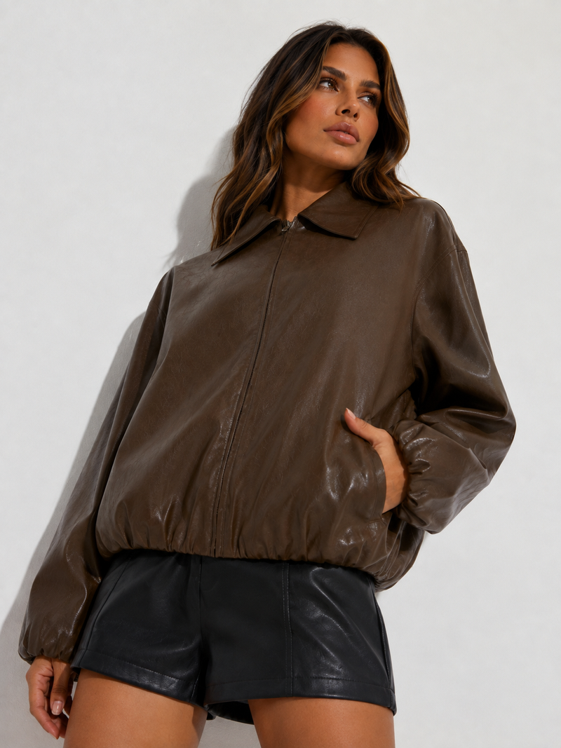 ATISSE – Women's Brown Faux Leather Jacket – Collared Zip Front Relaxed PU Leather Jacket