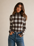 ATISSE – Women's Checked Wool-Blend Mock Neck Knit Top – Slim Fit Plaid Winter Sweater