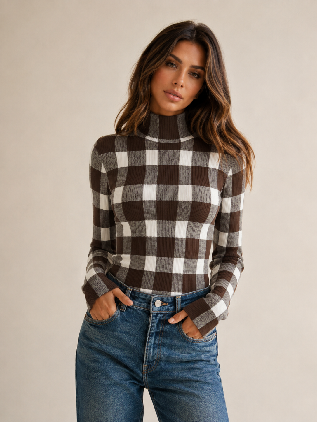 ATISSE – Women's Checked Wool-Blend Mock Neck Knit Top – Slim Fit Plaid Winter Sweater