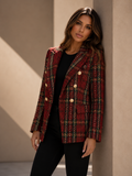ATISSE – Women's Plaid Double Breasted Blazer – Tailored Check Jacket with Gold Buttons – Elegant Long Sleeve Workwear Blazer