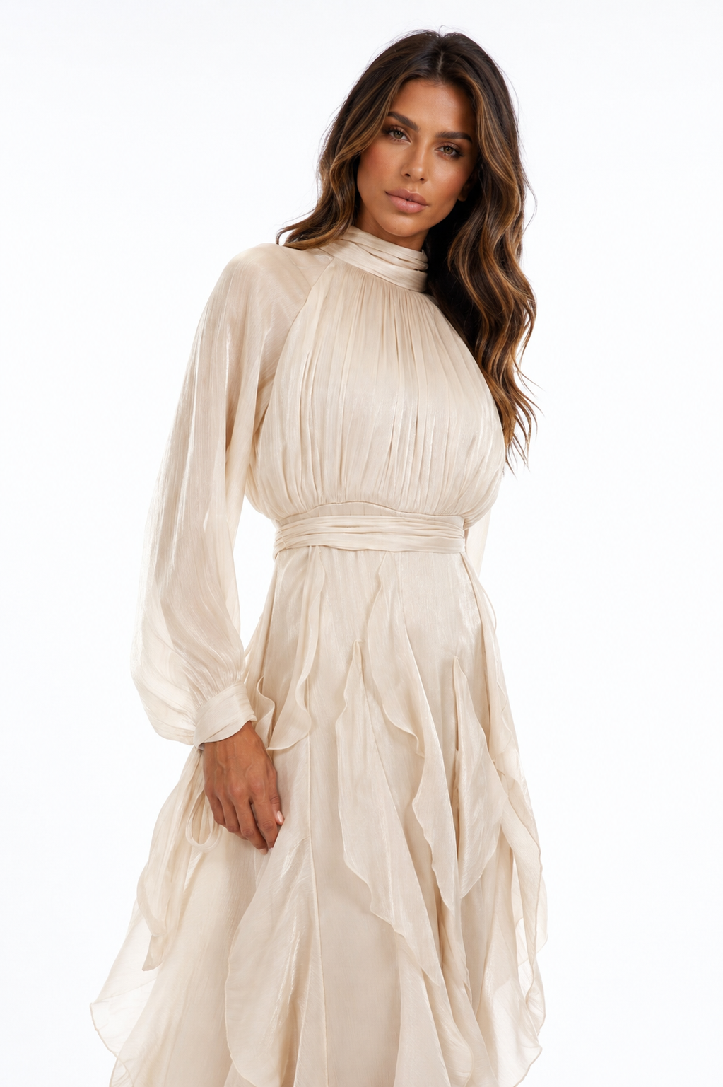 ATISSE ZÉLIE – Women's Pleated Ruffle Maxi Dress – Neutral High Neck Long Sleeve Evening Dress