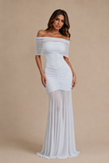ATISSE CASPIAN – Damen Maxikleid mit Carmen-Ausschnitt – Hellblaues Abendkleid