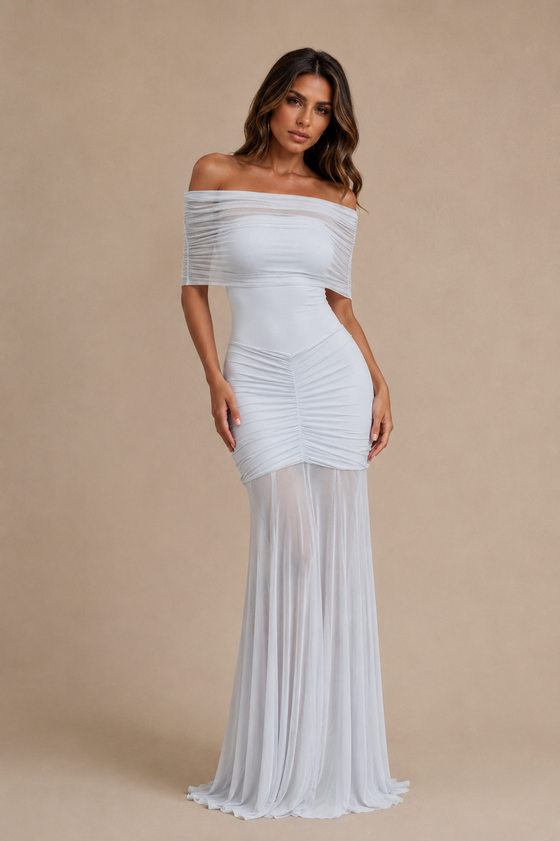 ATISSE CASPIAN – Damen Maxikleid mit Carmen-Ausschnitt – Hellblaues Abendkleid