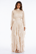ATISSE ZÉLIE – Women's Pleated Ruffle Maxi Dress – Neutral High Neck Long Sleeve Evening Dress